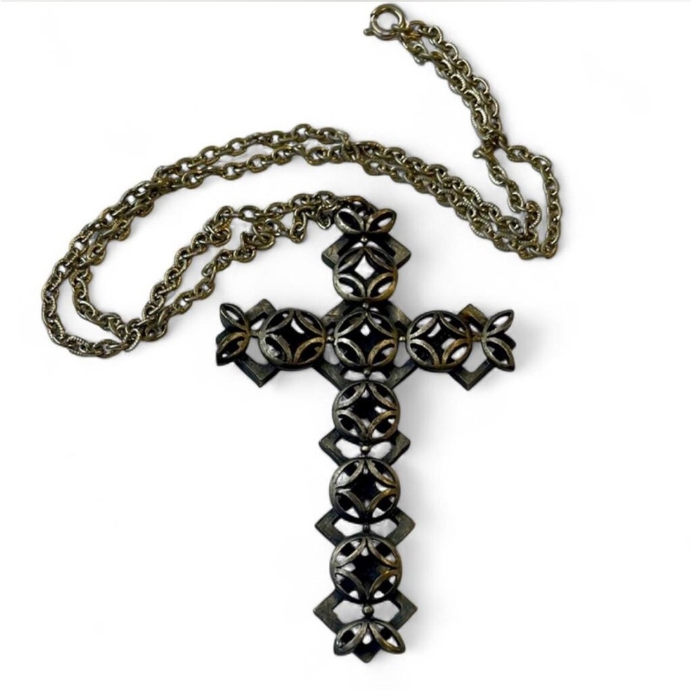 Vintage Oversized Gothic Silver tone Cross Necklace Rosary Handmade